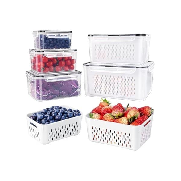 Mom's Pick of the Week: 5 PCS Large Fruit Containers for Fridge - Leakproof Food Storage Containers with Removable Colander - Dishwasher & microwave safe Produce Containers Keep Fruits, Vegetables, Berry, Meat Fresh longer