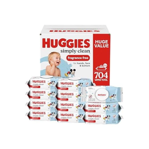 New Mom Must-Have: Huggies Simply Clean Unscented Baby Diaper Wipes, 11 Flip-Top Packs (704 Wipes Total), Packaging May Vary