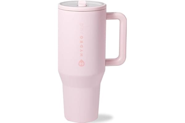 Upgrade Your Life With This: HydroJug Traveler - 32 oz Water Bottle with Handle & Flip Straw - Fits in Cup Holder, Leak Resistant Tumbler-Reusable Insulated Stainless Steel & Rubber Base - Gifts for Women & Men, Pink Sand
