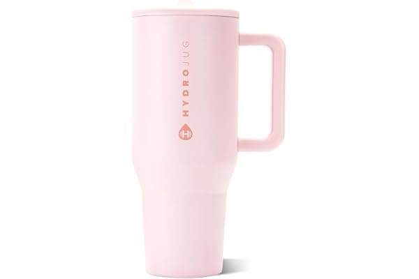 HydroJug Traveler 40oz, Insulated Tumbler with Handle & Straw, Pink Sand | Triple wall insulated, flip straw lid, leak-resistant, stainless steel, cup holder friendly, BPA-free, dishwasher safe
