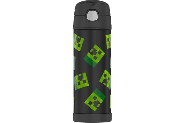 THERMOS FUNTAINER Water Bottle with Spout, 16oz, Minecraft | Kids Stainless Steel Insulated Water Bottle, Keeps Drinks Cold Longer for School & Play, BPA-Free