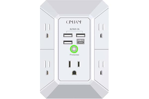 Wall Charger, Surge Protector, QINLIANF 5 Outlet Extender with 4 USB Ports | 1680 Joules, 3-Sided Power Strip, Multi Plug Wall Outlet Adapter Spaced for Home Travel Office, White