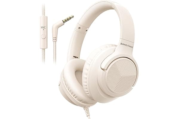 Best Amazon Buy Under: Botesty Sound Headphones Wired with Microphone, Over Ear Foldable 3.5mm Plug in Headphones Corded with 4.9ft Tangle-Free Nylon Cord for Tablet, Laptop, MP3/4, School, Airplane Travel (Beige)
