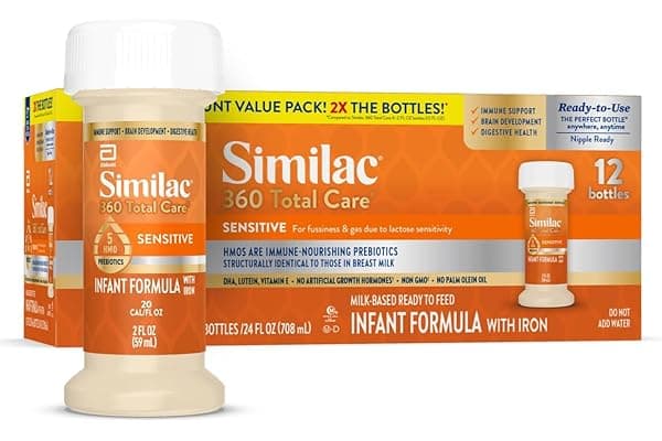 Similac 360 Total Care Sensitive Infant Formula for Fussiness & Gas Due to Lactose Sensitivity, Has 5 HMO Prebiotics, Baby Formula, Ready to Feed, 2-fl-oz Bottle, Pack of 12