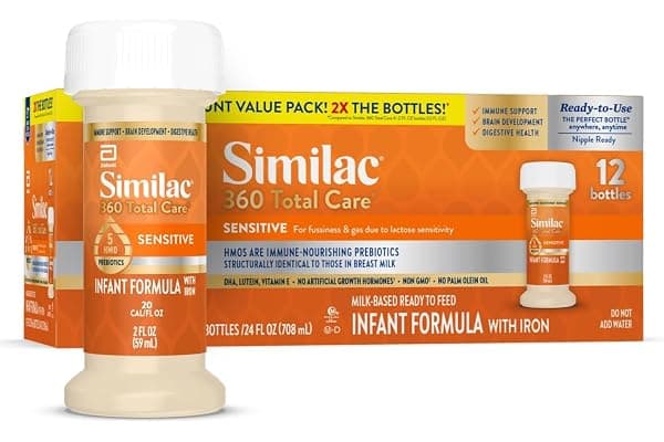 Similac 360 Total Care Sensitive Infant Formula for Fussiness & Gas Due to Lactose Sensitivity, Has 5 HMO Prebiotics, Baby Formula, Ready to Feed, 2-fl-oz Bottle, Pack of 12