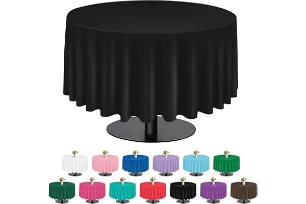 tujol Black 6 Pack Plastic Table Cloth 84", Disposable Round Tablecloth Table Cover, Plastic Tablecloths for Parties