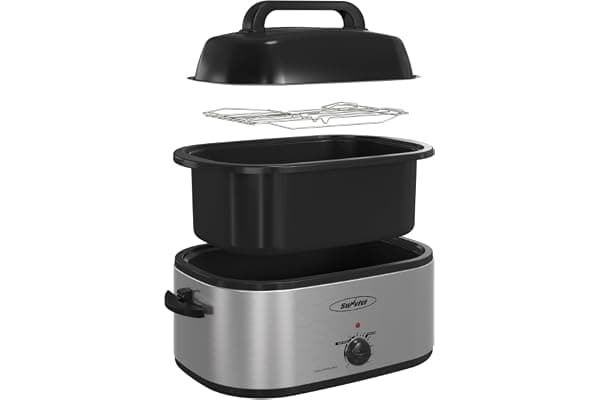Sunvivi Electric Roaster,28 Quart Roasting Oven with Self-Basting Lid Removable Pan,Turkey Roaster Oven with 150 to 450F Temperature Control Cool-Touch Handles, Sliver