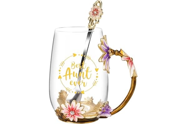 OEAGO Gifts for Aunt from Niece Nephew Tea Cup Cool Birthday Gift Enamel Flower Glass Mugs Christmas Mothers Day New Aunt Announcement Promoted