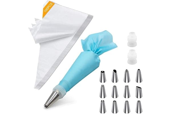 Tamodan Piping Bags and Tips, Cake Piping Bags and Tips Suitable for Beginners Included 100PCS 16 Inch Disposable Piping Bags with 12 Piping Tips Set, 2 Coupler and 1 Reusable Pastry Bags