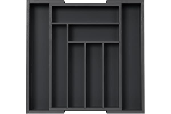 Pipishell Bamboo Expandable Drawer Organizer for Utensils Holder, Adjustable Cutlery Tray, Wood Drawer Dividers Organizer for Silverware, Flatware, Knives in Kitchen, Bedroom, Living Room(M-Black)