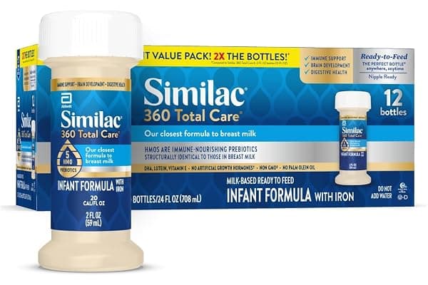 Similac 360 Total Care Infant Formula, Has 5 HMO Prebiotics, Our Closest Prebiotic Blend to Breast Milk, Non-GMO,‡ Baby Formula, Ready to Feed, 2-fl-oz Bottle, Pack of 12