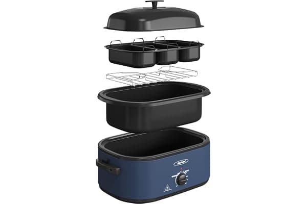 Sunvivi 24QT Electric Roaster Oven (Blue, 24QT) | Electric Roaster Pan with Self-Basting Lid, 150-450°F Temp Control, Defrost & Warm Functions, Removable Pan Rack Easy Cleanup