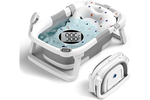 BUNWAG Classic Baby Bathtub, Infant Bath Tub for Newborn to Toddler (0–12 Months),Collapsible Newborn Bathtub with Soft Cushion and Non-Slip Feet, Foldable Travel Bathtub for Easy Storage