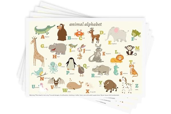 Babebay Disposable Stick-on Placemats 40 Pack for Baby & Kids & Toddler, Sticky Placemats Restaurant Table Mats 12" x 18" (Animal Alphabet)