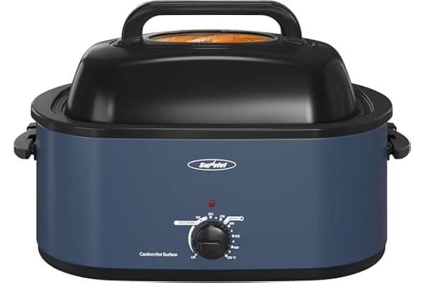 Sunvivi Roaster Oven, Electric Roaster Oven with Viewing Lid, 28lb 24-Quart Turkey Roaster with Unique Defrost/Warm Function, Large Roaster with Removable Pan & Rack, Stainless Steel, Blue