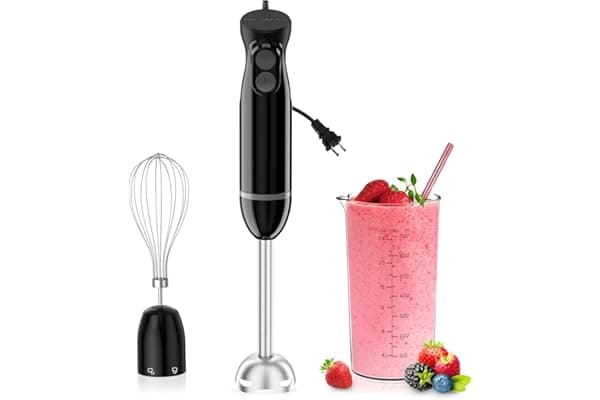 Bonsenkitchen Immersion Blender Handheld, 2 Mixing Speed Hand Blender Electric with Sharp Blades, 3-In-1 Hand Held Stick Blender with Egg Whisk, 24oz Beaker for Soups, Smoothies, Sauce