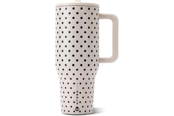 HydroJug Polka Dot Traveler 40oz, Insulated Tumbler, French Vanilla | Triple wall insulated, flip straw lid, leak-resistant, stainless steel, cup holder friendly, BPA-free, Polka Dot