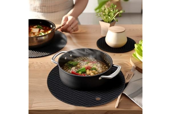Silicone Trivet Mats,Heat Resistant Pot Holders, Multipurpose Non-Slip Hot Pads for Kitchen Potholders, Hot Dishers, Jar Opener, Spoon Holder, Food Grade Silicone(Black Size Round 7''x7'')