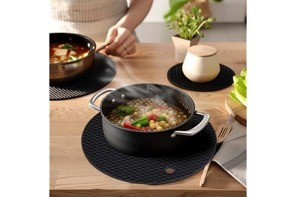 Silicone Trivet Mats,Heat Resistant Pot Holders, Multipurpose Non-Slip Hot Pads for Kitchen Potholders, Hot Dishers, Jar Opener, Spoon Holder, Food Grade Silicone(Black Size Round 7''x7'')