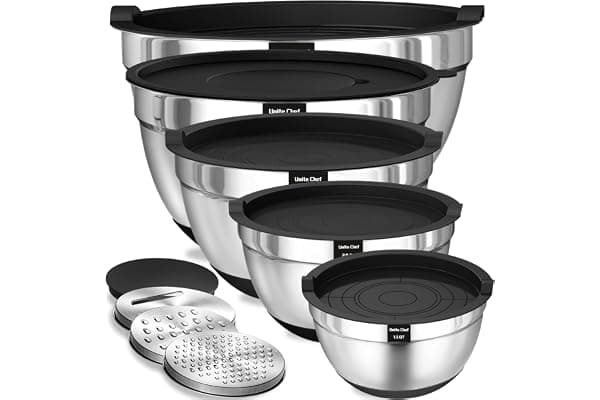 Umite Chef Mixing Bowls with Airtight Lids, 8PCS Stainless Steel Nesting Mixing Bowls Set, 3 Grater Attachments & Non-Slip Bottoms, Black Kitchen Bowls, Size 5, 4, 3.5, 2, 1.5QT for Baking & Serving