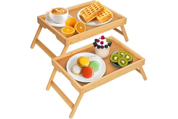 Artmeer Bed Tray Table with Folding Legs,Bamboo Breakfast in Bed for TV Table, Laptop Computer Tray,Eating,Snack Tray Beige 2 Pack(Beige)