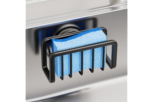 TAILI Sink Caddy with Strong Suction Cup, Sponge Holder for Kitchen Sink Oganizer, Removable Rustproof Aluminum Sponge Holder, Dish Brush for Scraper - Black