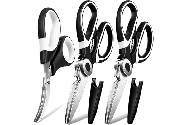 OMDAR Food Grade Kitchen Scissors All Purpose 3 Pack - Heavy Duty Stainless Steel Cooking Shears for Cutting Meat, Food, Fish, Poultry Sharp Sissors for Dishwasher Safe - with Protective Sheath