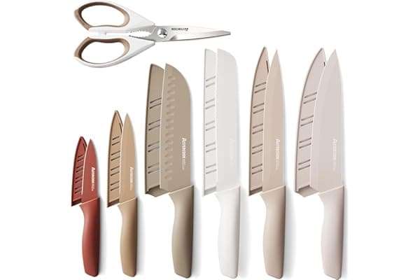 Astercook Knife Set, 13 Pieces Kitchen Knives Set with Healthy Anti-Rust Coating, Dishwasher Safe, Stainless Steel Chef Knife Sets with 6 Blade Guards, Perfect Holiday Gifts for Kitchen