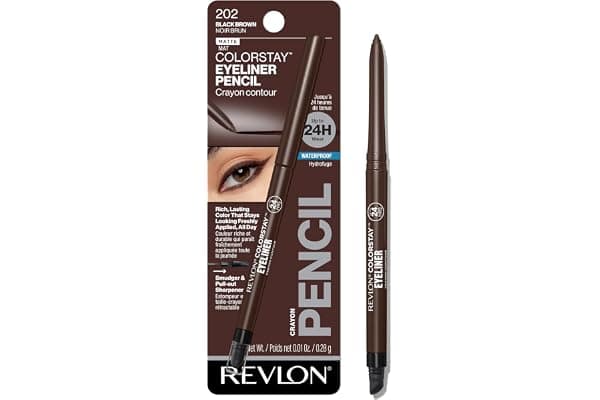 Revlon ColorStay Pencil Waterproof Eyeliner, 202 Black Brown, 0.01 oz | Waterproof pencil eyeliner with built-in sharpener. Smudge-proof, long-lasting, intense matte color.