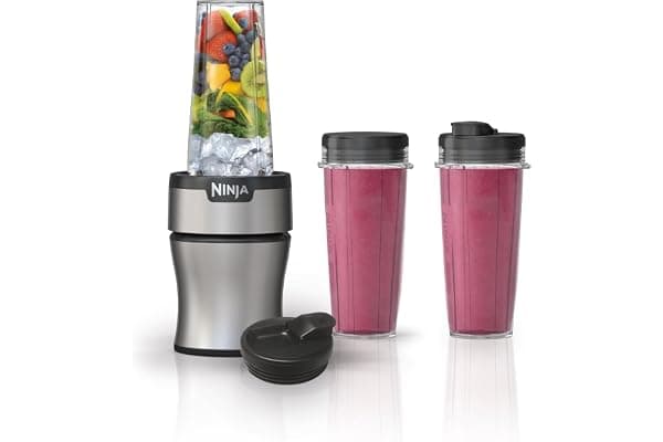 Ninja Nutri-Plus Personal Blender, 900PW, (3) 20oz Cups, Silver, BN301 | 900-peak-watt push-to-blend motor for smoothies & sauces. (3) 20-oz cups, 2 spout lids & storage lid. Dishwasher safe.