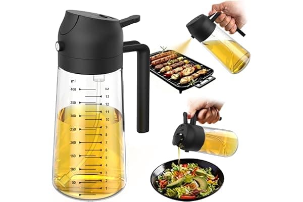 TrendPlain 16oz/470ml Glass Olive Oil Sprayer for Cooking – 2 in 1 Olive Oil Dispenser Bottle for Kitchen Gadgets and Air Fryer Accessories, Salad, BBQ - Black