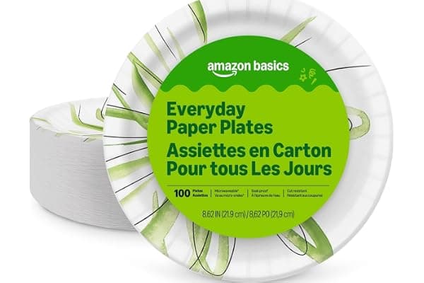Amazon Basics Everyday Disposable Paper Plates, 8.62 Inch, Microwave-Safe, Cut Resistant, Soak-Proof, 100 Count, Packaging May Vary
