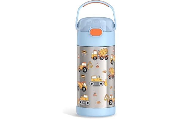 THERMOS FUNTAINER Water Bottle with Straw, 12oz, Construction | Kids Stainless Steel Insulated Water Bottle, Keeps Drinks Cold Longer for School & Play, BPA-Free