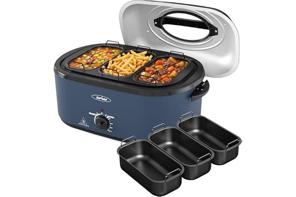 SUNVIVI 28QT Roaster Oven with 3 Buffet Server for Whole Turkey Up To 30LB | Electric Roaster Pan with Self-Basting Lid, 150-450°F Temp Control, Defrost & Warm Functions, Removable Pan Rack Easy Cleanup