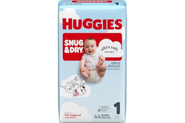 Huggies Snug & Dry Diapers Size 1, 44 Count | Ultra Soft and Ultra Dry, Day & Night Protection, GentleAbsorb Liner, Wetness Indicator, Fragrance Free, No Parabens