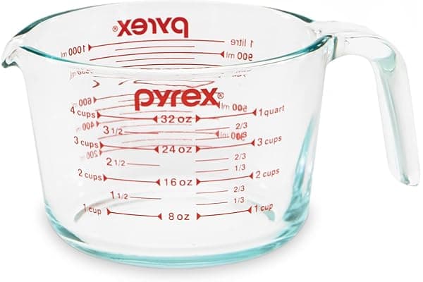 Pyrex 4-Cup Glass Measuring Cup For Baking and Cooking, Dishwasher, Freezer, Microwave, and Preheated Oven Safe, Essential Kitchen Tools