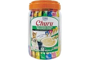 INABA Churu Cat Treats, Lickable, Squeezable Creamy Purée Cat Treat with Green Tea Extract & Taurine, 0.5 Ounces Each Tube, 50 Tubes, Tuna & Chicken Variety