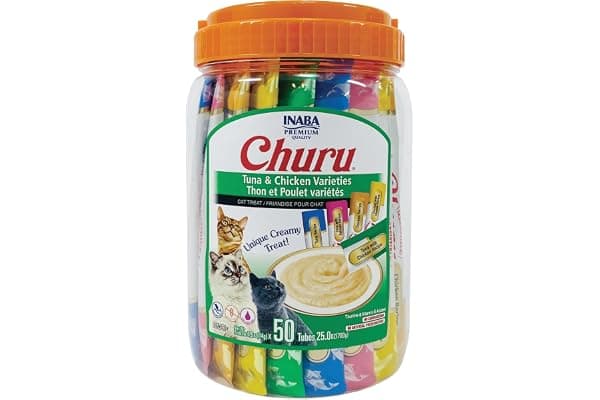 INABA Churu Cat Treats, Lickable, Squeezable Creamy Purée Cat Treat with Green Tea Extract & Taurine, 0.5 Ounces Each Tube, 50 Tubes, Tuna & Chicken Variety