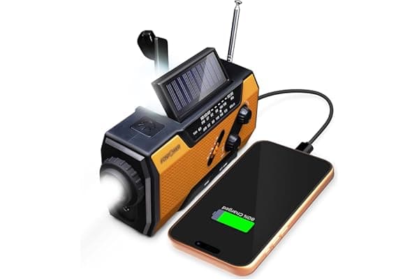 FosPower NOAA Emergency Weather Radio A1 7400mWh Solar Hand Crank (Orange) | AM/FM/WB power bank 4 power options SOS alarm LED flashlight & 4 LED reading light for outdoor emergency & power outage use.