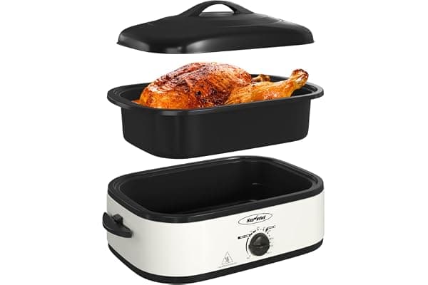 Sunvivi Electric Roaster Oven with Self-Basting Lid, 14-Quart Turkey Roaster Oven with Removable Pan and Rack, Stainless Steel, White