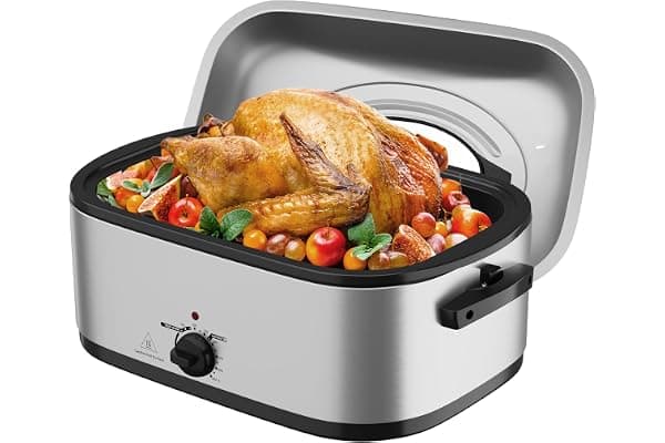 Sunvivi Electric Roaster Oven with Visible Self-Basting Lid, 24 Quart Turkey Roaster Oven with Removable Pan and Rack,Stainless Steel,Silver