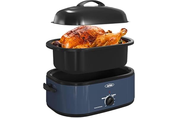 Sunvivi Roaster Oven, Electric Roaster Oven with Self-Basting Lid, 24lb 20-Quart Turkey Roasters with Unique Defrost/Warm Function, Large Roaster with Removable Pan & Rack, Stainless Steel, Blue