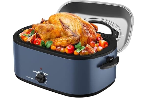 Sunvivi Electric Roaster, 28-Quart Electric Roaster Oven featuring a Glass Lid, Ideal for Turkey Roasting with Self-Basting Cover, Detachable Pan, Cool-Touch Handles, Blue