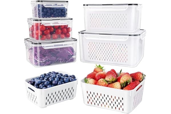 5 PCS Large Fruit Containers for Fridge - Leakproof Food Storage Containers with Removable Colander - Dishwasher & microwave safe Produce Containers Keep Fruits, Vegetables, Berry, Meat Fresh longer
