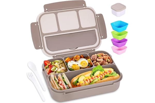 Bento Box Adult Lunch Box, Containers for Adults Men Women with 4 Compartments, Lunchable Food Container with Utensils, Sauce Jar, Muffin Liners, 40 Oz/5 Cup, Microwave & Dishwasher Safe, Brown