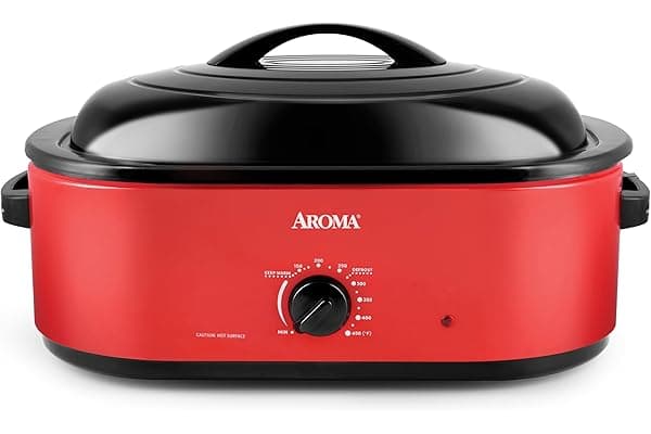 AROMA 18Qt. Roaster Oven with Self-Basting Lid, Fits 22-lb. Turkey, Adjustable Temperature Settings, Keep Warm Setting, Red (ART-718R)