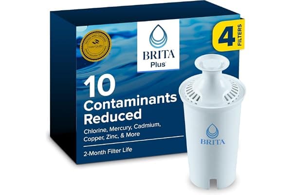 Brita Plus Replacement Water Filter, For Pitchers and Dispensers, 4 Pack | WQA and NSF/ANSI Certified, Reduces Chlorine, Copper, Mercury & Cadmium, Lasts 2 Months, Household Essential