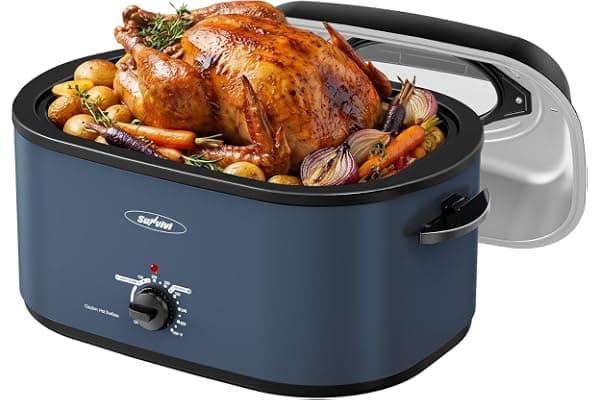 Sunvivi Roaster Oven 28QT, Electric Roaster Pan with Lid for Large Turkey | Self-Basting & Glass Viewing Lid, Removable Pan, 150-450°F Temp Control, for Baking Slow Cook Defrost Warm Turkey Up to 28lb