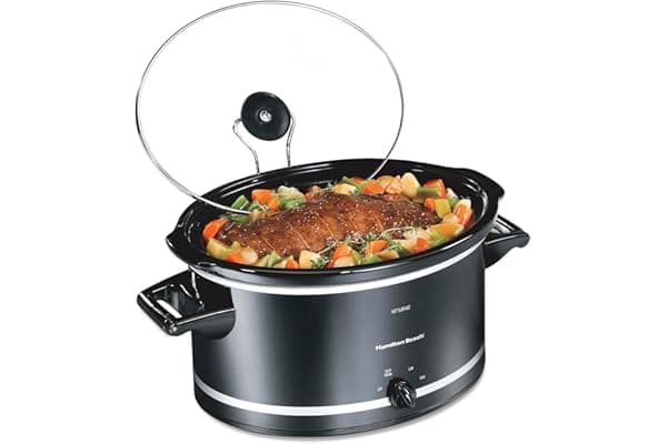 Hamilton Beach Slow Cooker with 3 Cooking Settings, Dishwasher-Safe Stoneware Crock & Glass, 8-Quart Built-In Lid Rest, Black