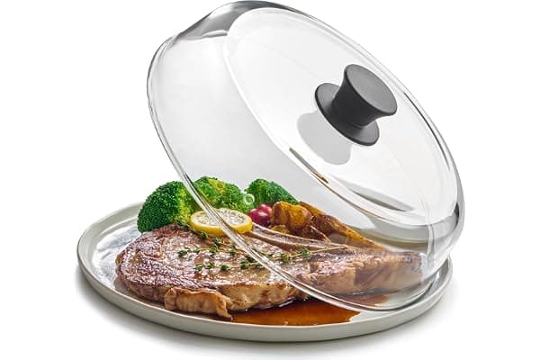Le'raze 10inch Glass Microwave Splatter Cover for Food - 100% Food Grade BPA & Lead Free - Dishwasher Safe - Cookware & Bakeware Serving Dish Plate Mess Guard Lid with Easy Grip Silicone Handle Knob